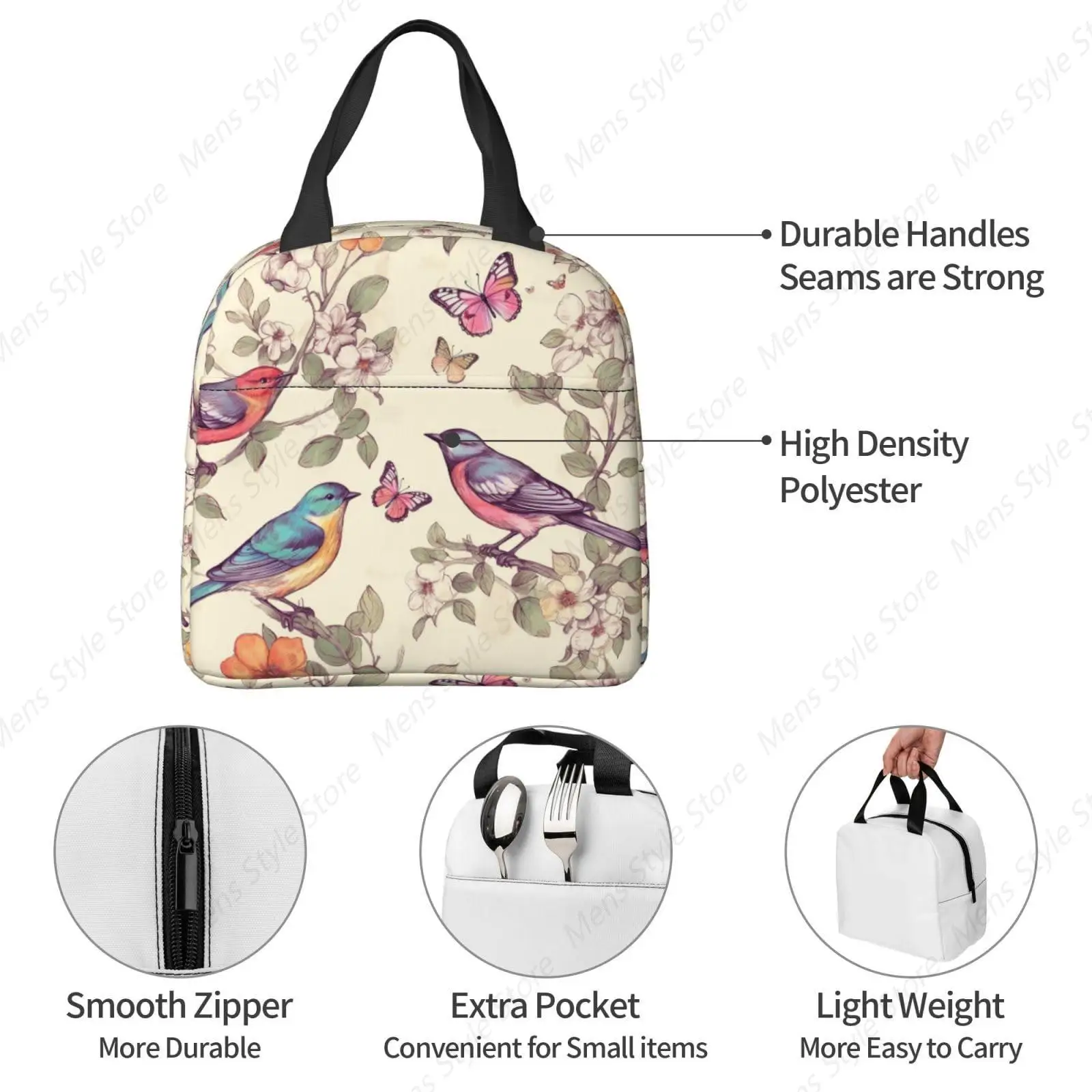 Lunch Bag Insulated Lunch Box for Women Men Reusable Cooler Bag Birds on Branches and Butterflies Tote for Work Picnic