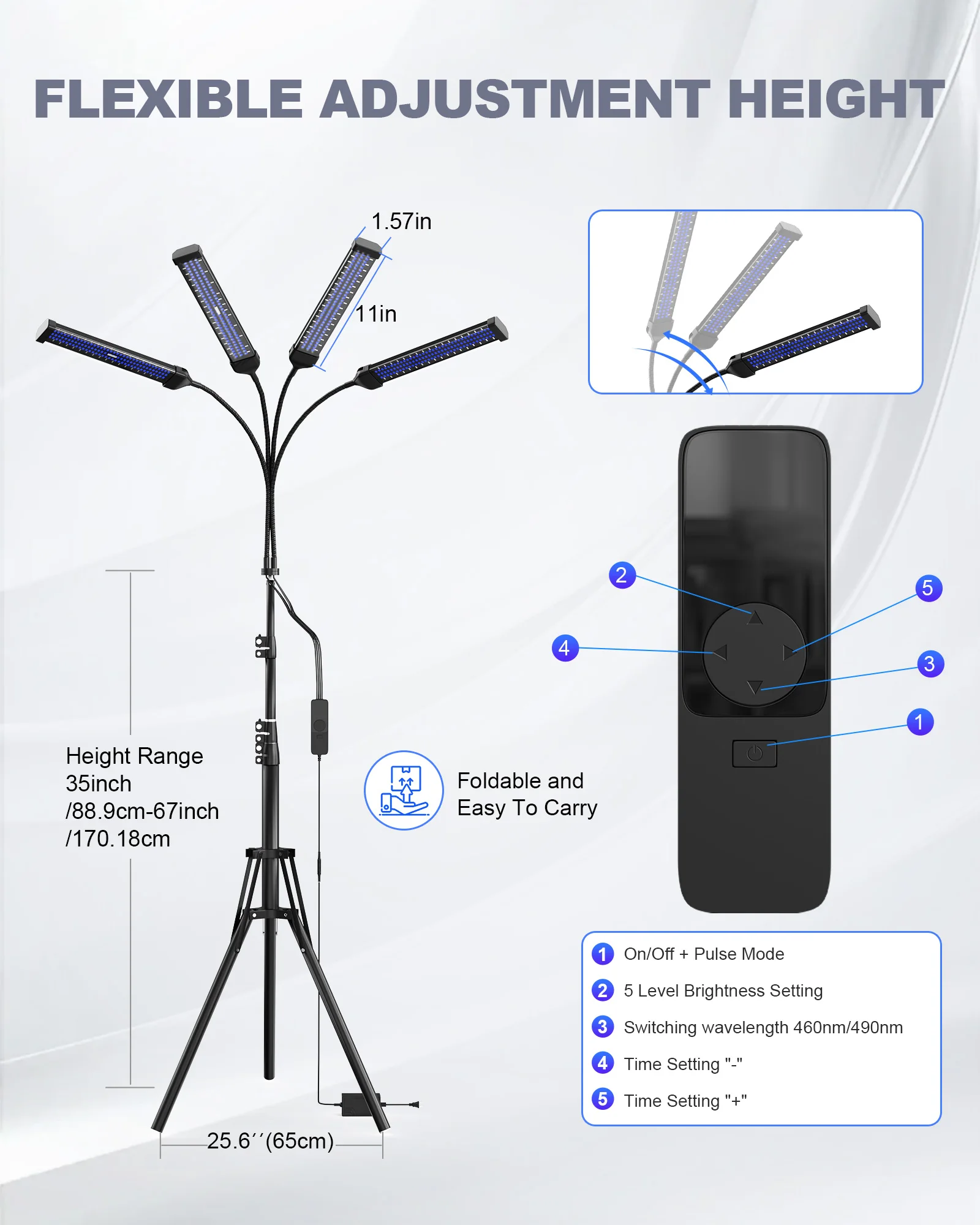 60W Tanning Lamp 4-Head UV Tanning Machine 432 LEDS Blue Light Wavelength 460nm & 490nm 360&deg; Rotation Solarium Light
