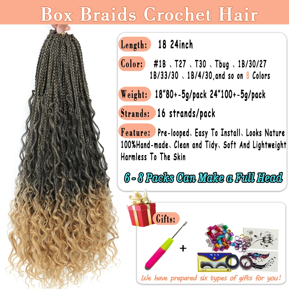 BEWILL 18 24inch Boho Box Braids Crochet Hair Bohemian Goddess Box Braids Synthetic Crochet Hair with Curly Ends for Black Women