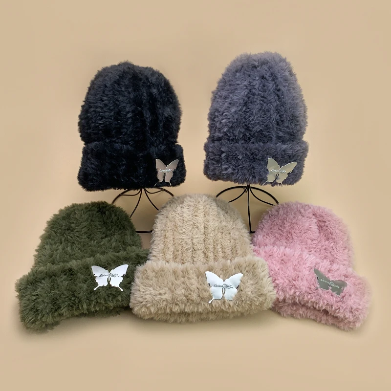 

New Men Women Butterfly Silver Label Plush Bucket Knitted Hats Autumn and Winter Warm Versatile Korean Fashion Soft Niche Loose