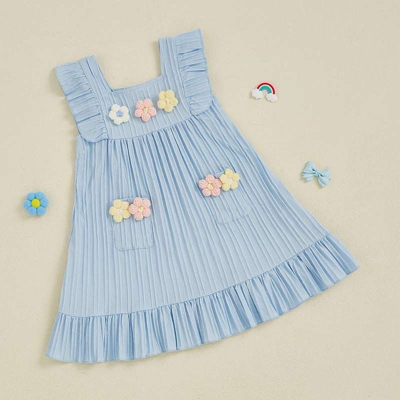 FOCUSNORM 0-5Y Princess Little Kids Girls Dress Flower Embroidery Fly Sleeve Ruffles Hem Casual Summer A-Line Dress