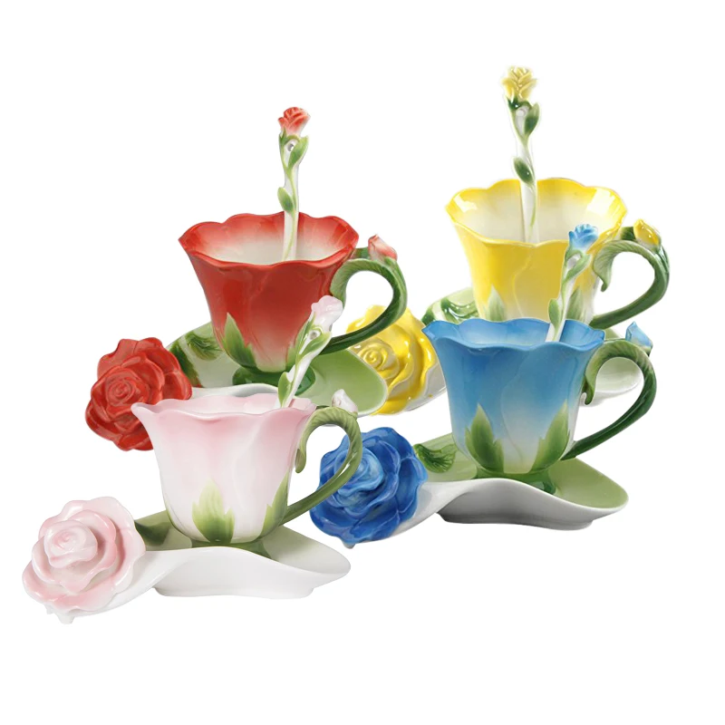 

Tea Spoon Porcelain Shape Gift Flower Valentine Cup And Ceramic Best Enamel Saucer Design Rose 3D Coffee Cup High-grade Creative