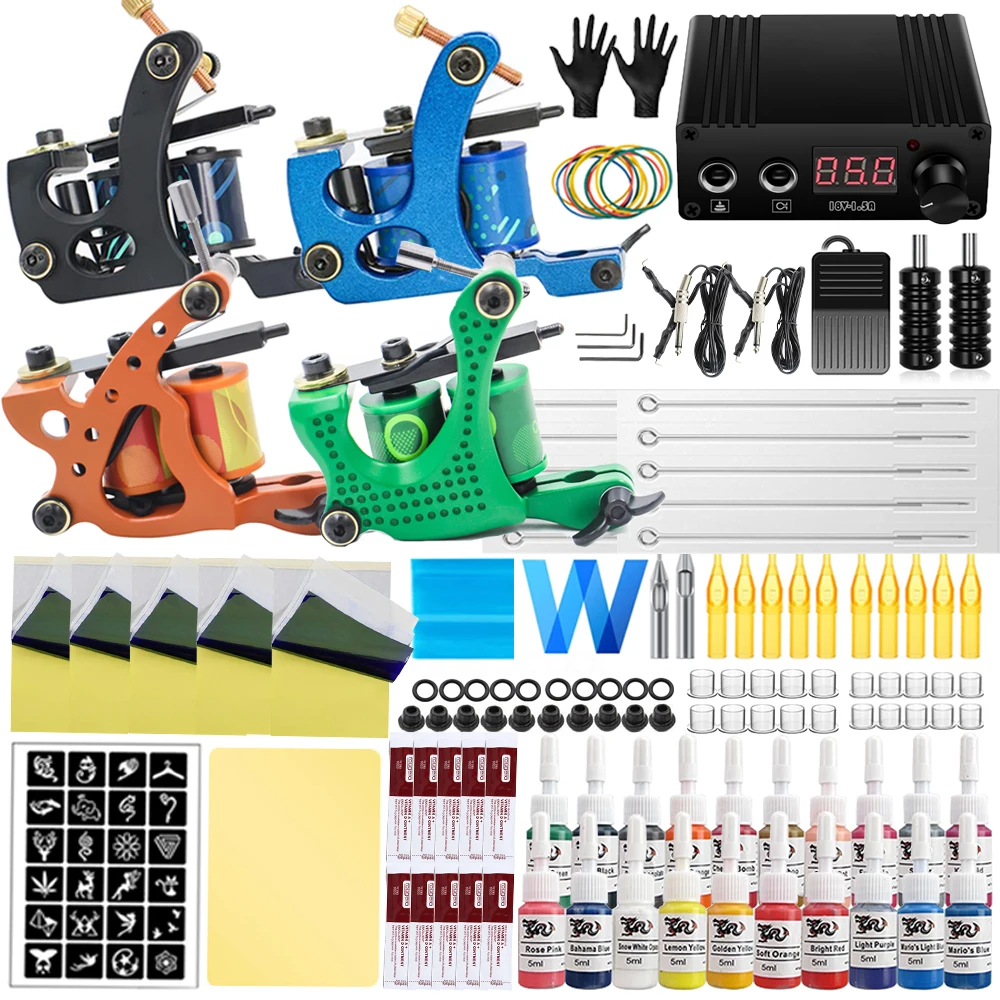 

Complete Tattoo Machine Kit Coils Tattoo Machines Gun with Power Supply Needles Ink Set for Body Art Permanent Makeup Tattoo Kit