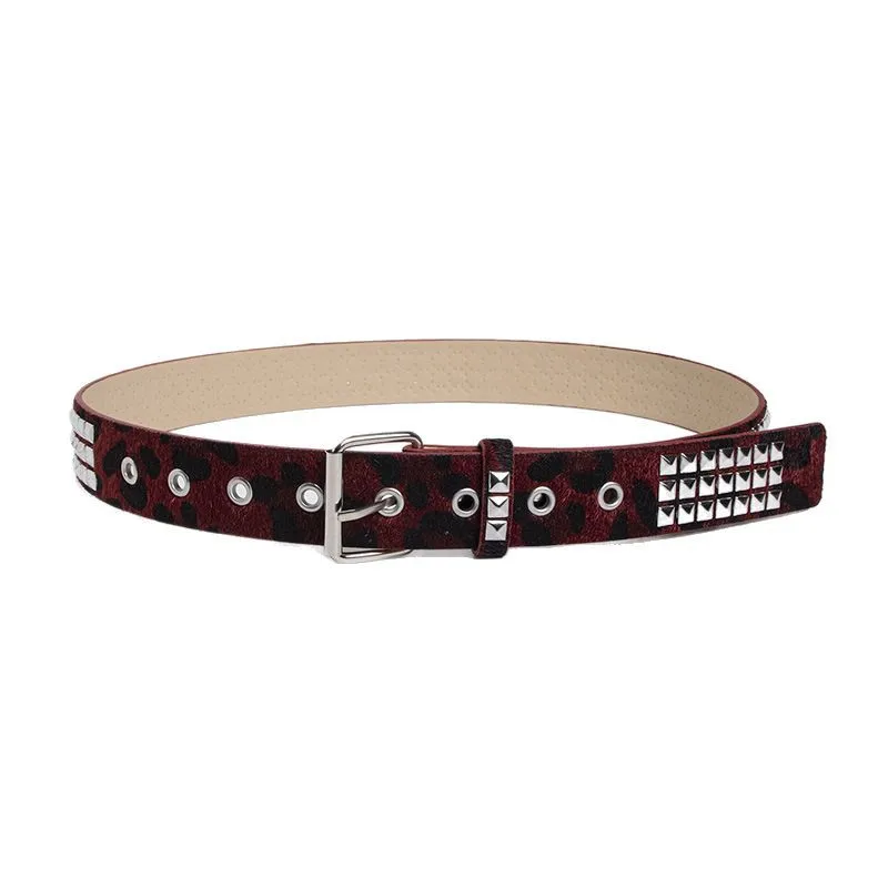 Edgy Pink Fur Rivet Belt with Brown Pin Buckle