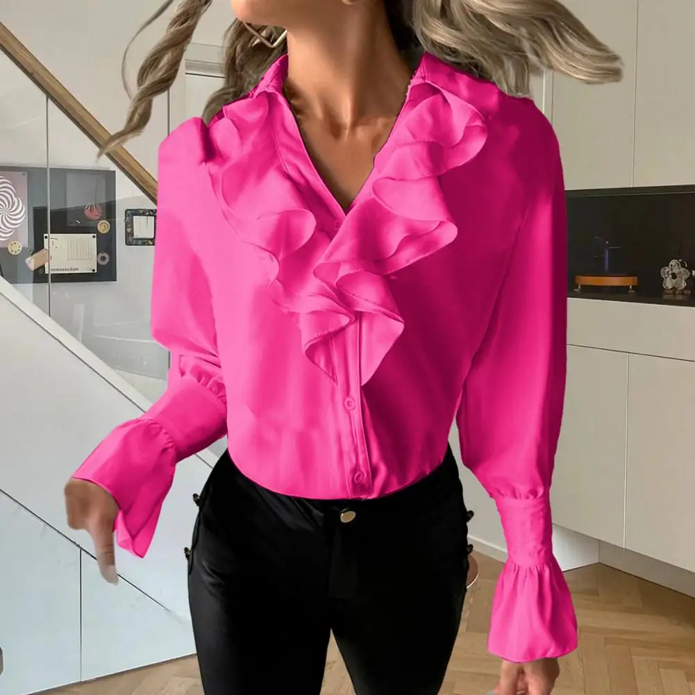 

V-neck Top Elegant V-neck Ruffle Blouse Women's Solid Color Puff Sleeve Shirt for Fall Spring for Ol Commute Style Women Slim