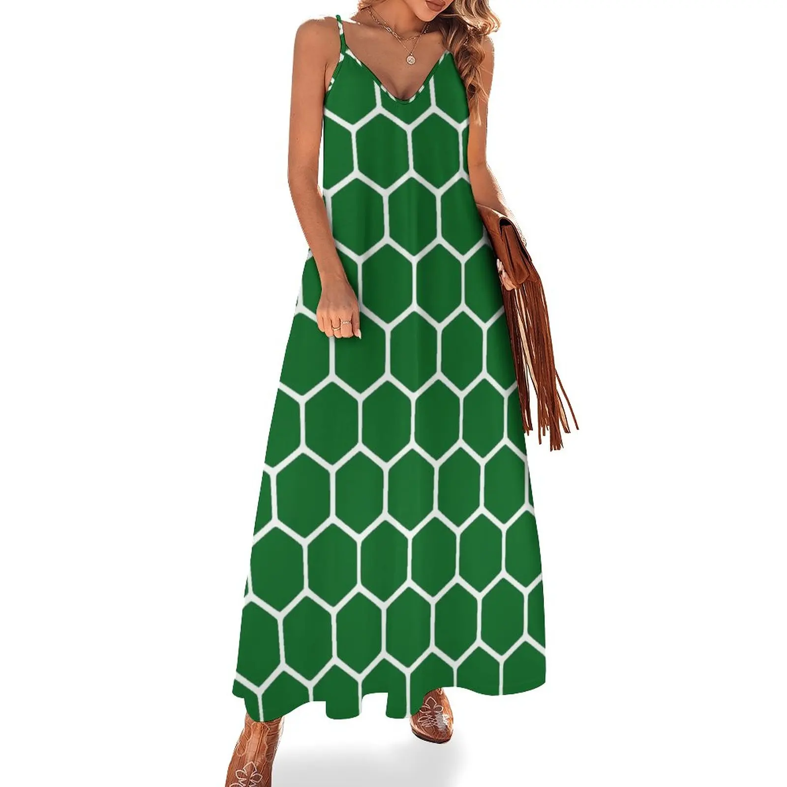 

Зеленое платье с сотовым узором без рукавов, женские платья, длинное платье, женская одежда