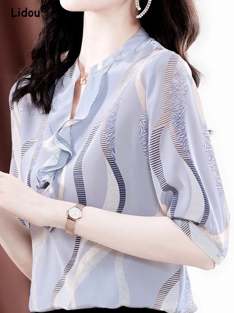 Temperament Elegant Fashion V-neck Ruffles Printing Shirt New Summer Chic Woman Blouse Half Sleeve Office Wear Women's Clothing