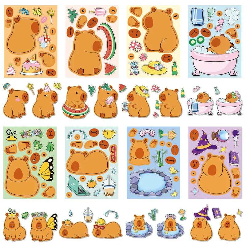 Cartoon Stickers 8sheets Capybara Diy Make A Face Puzzle Toys Kids Birthday Party Favors Pinata Fillers School Rewards
