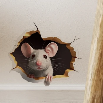 Autocollant de trou de souris personnalisé effet 3D, 1 pièce, lecture de souris blanche, branche de fleur, animal mignon, autocollant aléatoire, décoration de la maison 1
