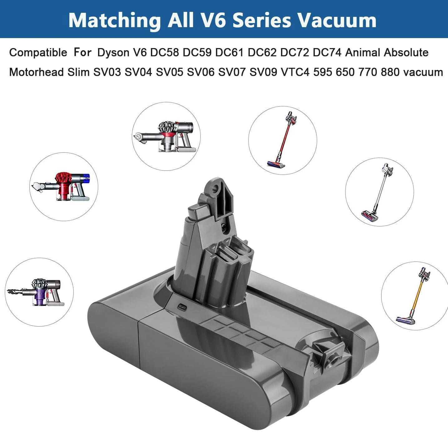 6.0Ah 21.6V Replacement Battery for V6 Battery Compatible with SV03 SV04  SV05 SV06 SV07 SV09 VTC4 DC58 DC59 DC61 DC62 DC72 DC74 V6 Animal V6  Absolute