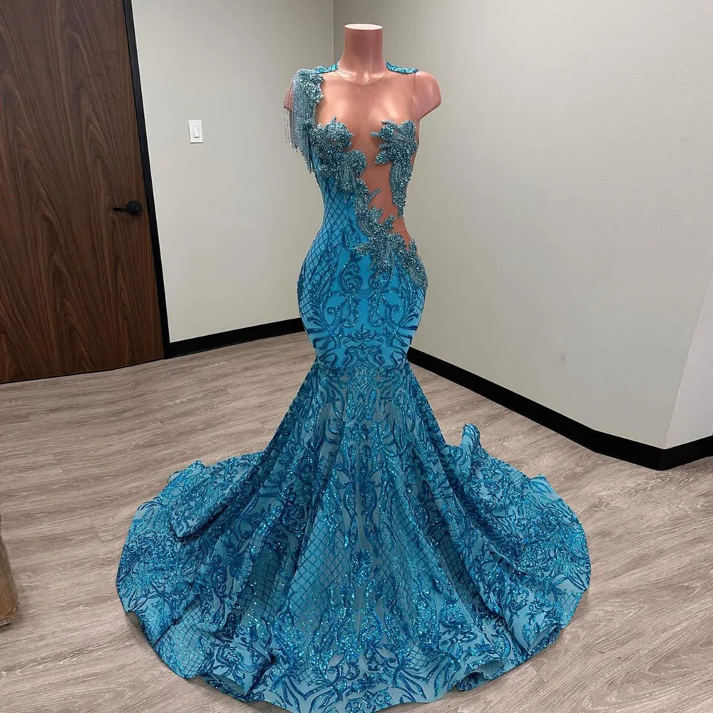 See Through Ice Blue Seuqins Beaded Mermaid Dress Crystals Printed Tassel  Evening Dresses Ruffled Floor Length Prom Gown - AliExpress 320