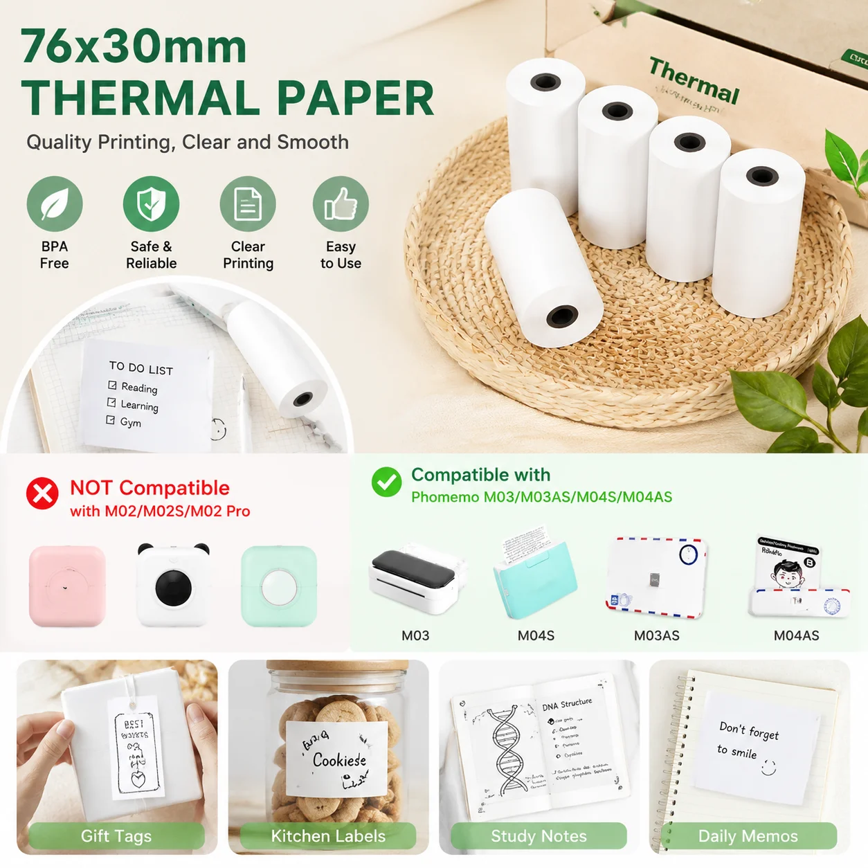 76x30mm 감열 자가 점착 라벨, 쉽게 떼어낼 수 있는 강력 접착제, 배송 바코드 우표 및 주소 배송에 적합