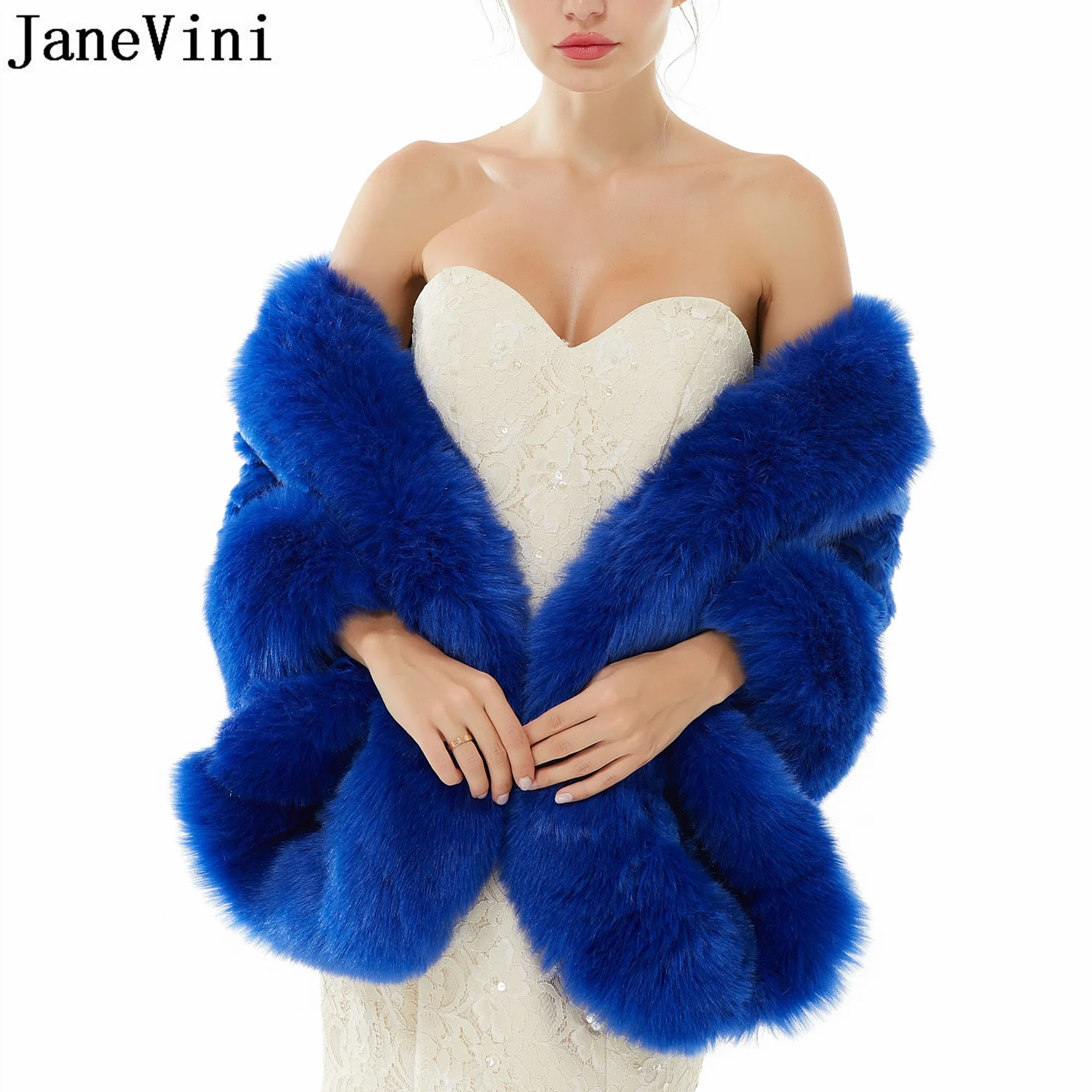 JaneVini Royal Blue Cape for Wedding Dress Cover Up Jacket Imitation Fur Shawls Faux Fur Braut Cape Bridal Wraps 2023 Winter