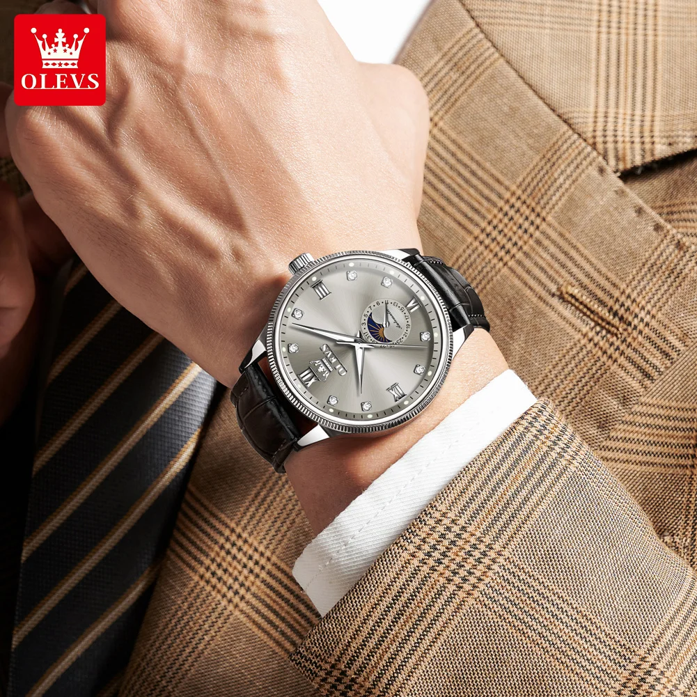 OLEVS 7039 Men's Watch Calendar Moon Phase Diamond Luxury Mechanical Dress Watch For Men Luminous Waterproof Man Wristwatch