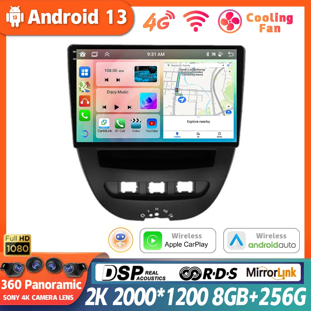 

Android 13 For Peugeot 107 Toyota Aygo Citroen C1 2005-2014 Head Unit Stereo GPS Navigation Car Multimedia Player WIFI QLED DSP