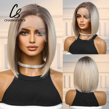 CharmSource Synthetic Lace Front Wig Brown Blonde Wigs Straight Medium Long Side Part Wig for Women Party Daily High Quality