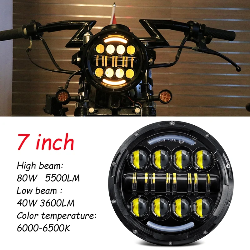 

NEW-7 Inch LED Round Headlight 80W High Low Beam Projector With DRL Turn Signal Light For Jeep Wrangler Motorcycle