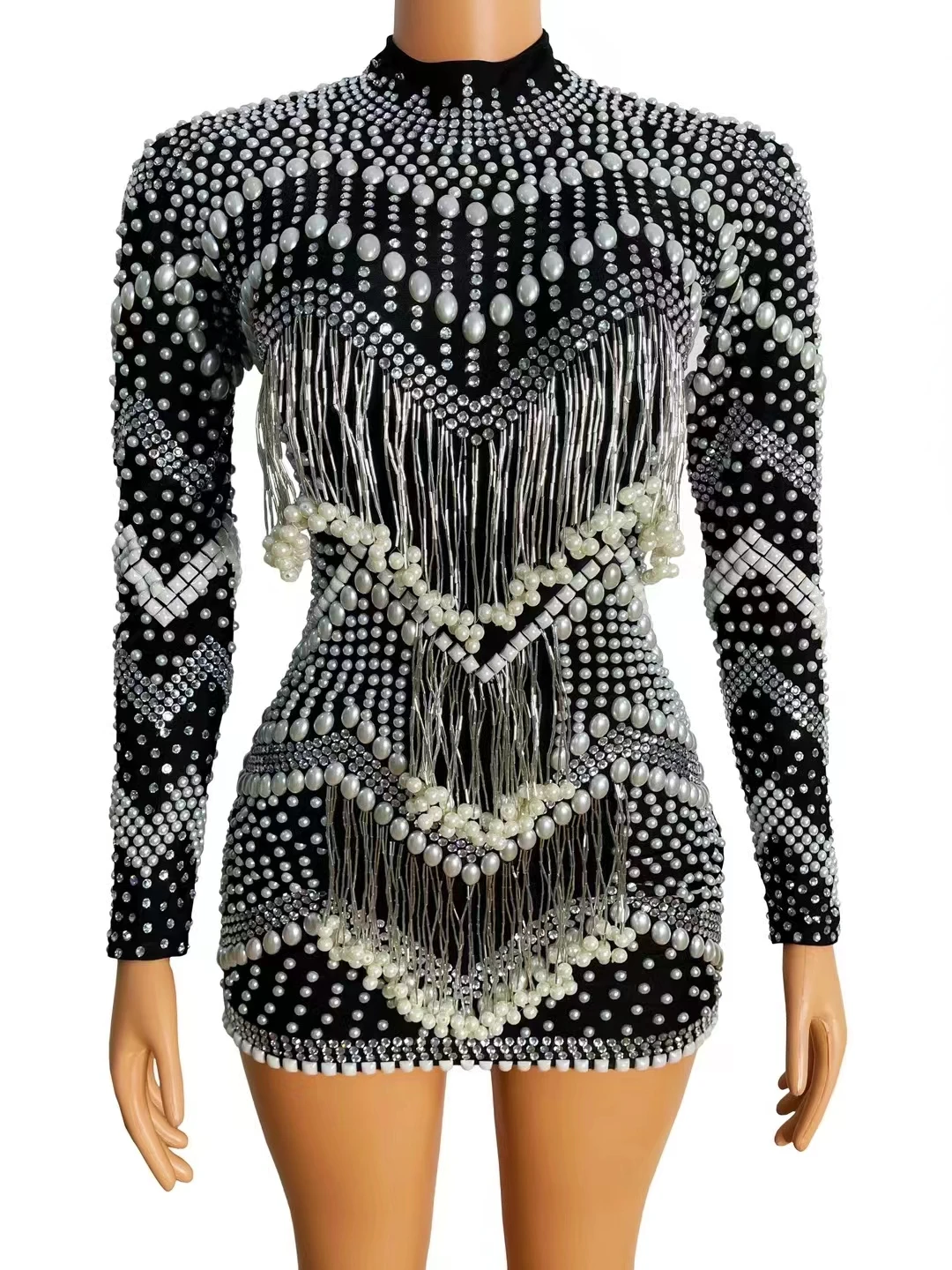 

SwallowtailSparkling Diamona Tassel PearlParty Party Slim Fitting Long Sleeved Short Skirtrregular Hem Performance Costumes A501