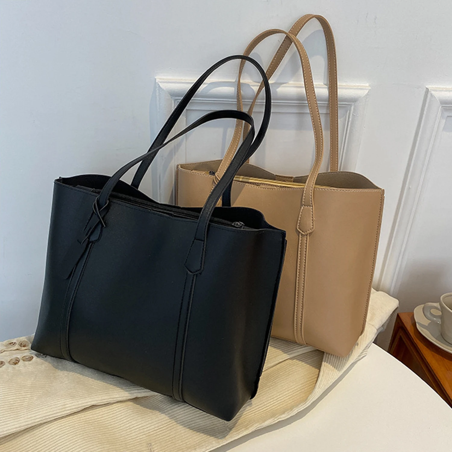 1PC black minimalist large capacity soft leather tote bag casual versatile shoulder bag 2