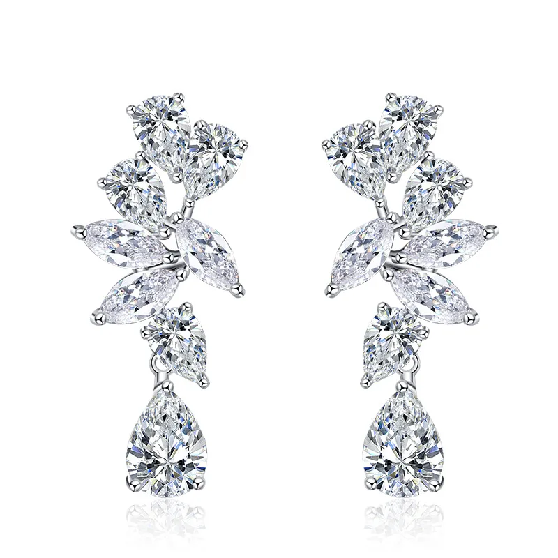 Luxury 925 Sterling Silver Full Lab Moissanite Leaf Dangle Earrings for Women Wedding Fine Jewelry Accessories Elegant Gift