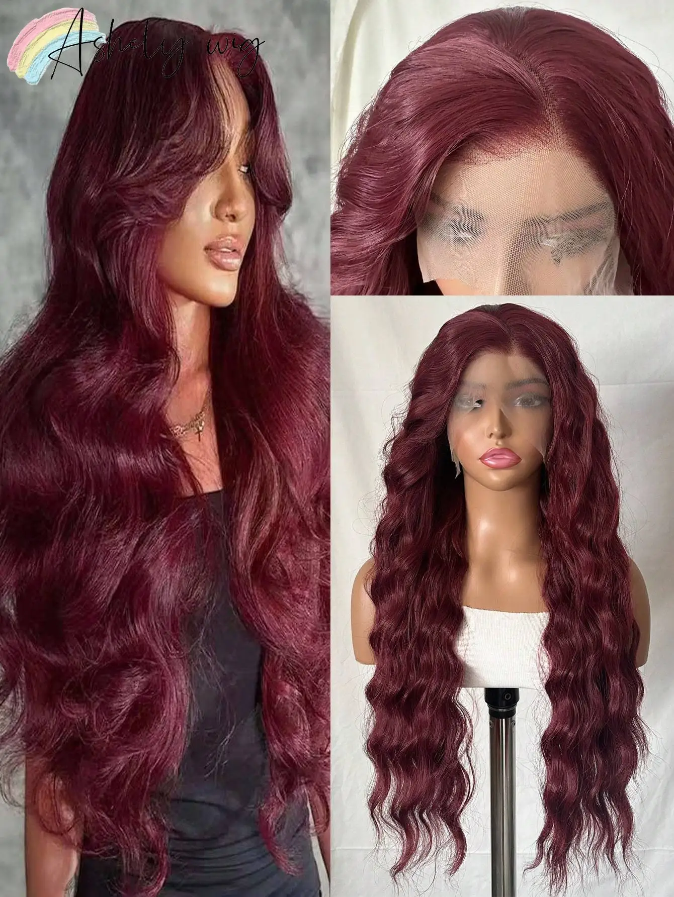 Ashely Women's Long Wavy Synthetic Wig Heat Resistant Wine Red Loose Curly Lace Front Wig With Natural Hairline Pre-Cut