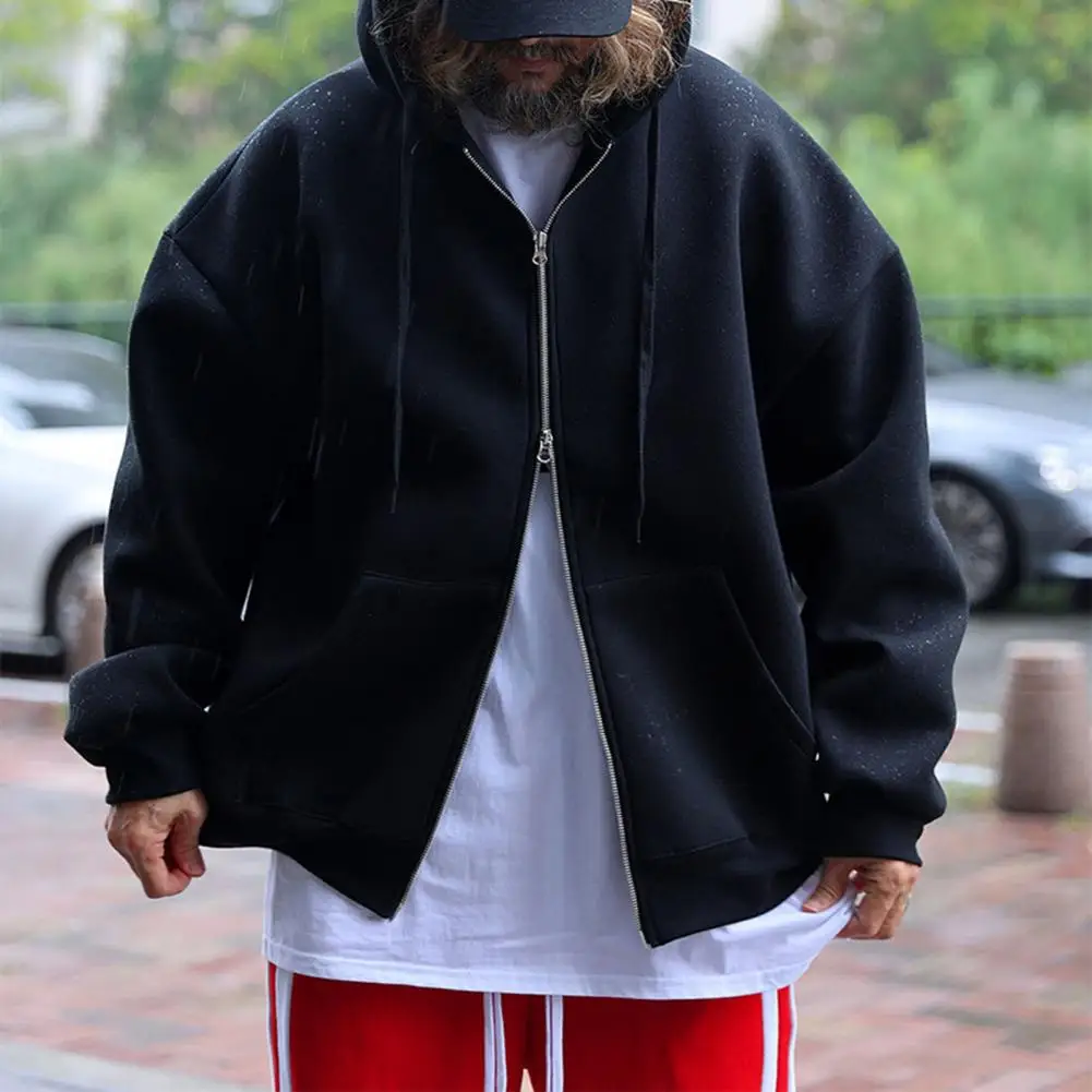 

Men Hoodie Coat Men's Solid Color Hoodie Coat with Double Zipper Drawstring Pockets Loose Fit Autumn Winter Outwear Sweatshirt