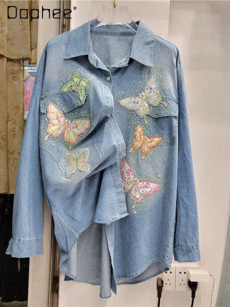 Heavy Embroidery Hot Drilling Denim Shirts Female 2024 Spring Summer Butterfly All-Matching Lapel Loose Mid-Length Women Tops iron butterfly heavy 1 cd