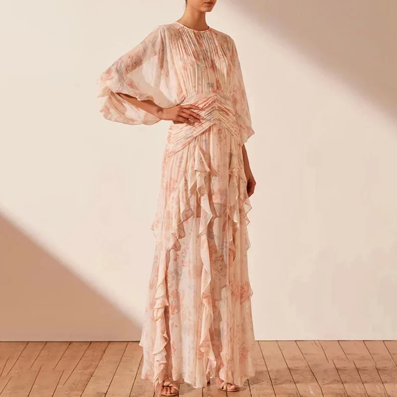 

Fragmented Flower Ruffle Edge Dress 2023 Autumn New Round Neck Long Sleeve Quality Pleated Print Long Dress