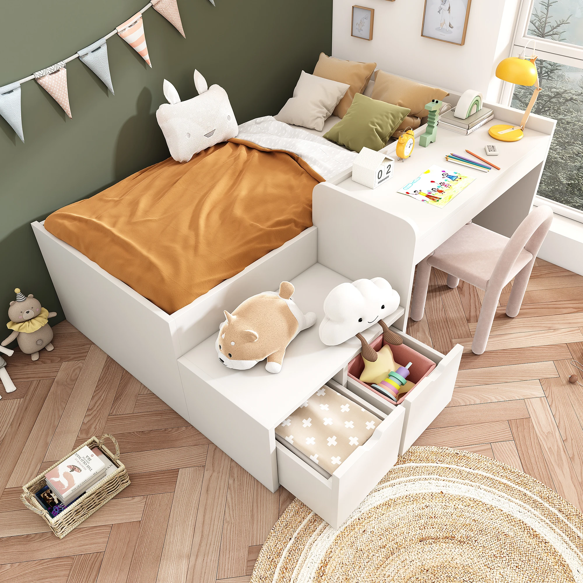 KOMHTOM Kinderbett Einzelbett 90x200 cm Weiß - Schreibtisch und Schubladen, Stauraumbett, ohne Matratze – Detail 3