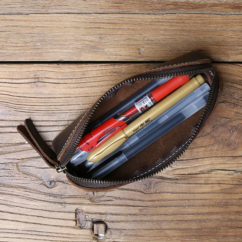 Retro Genuine Leather Pen Bag Crazy Horse Leather Pen Box Storage Bag Zipper Glasses Box Learning Supplies Stationery Wallet Bag