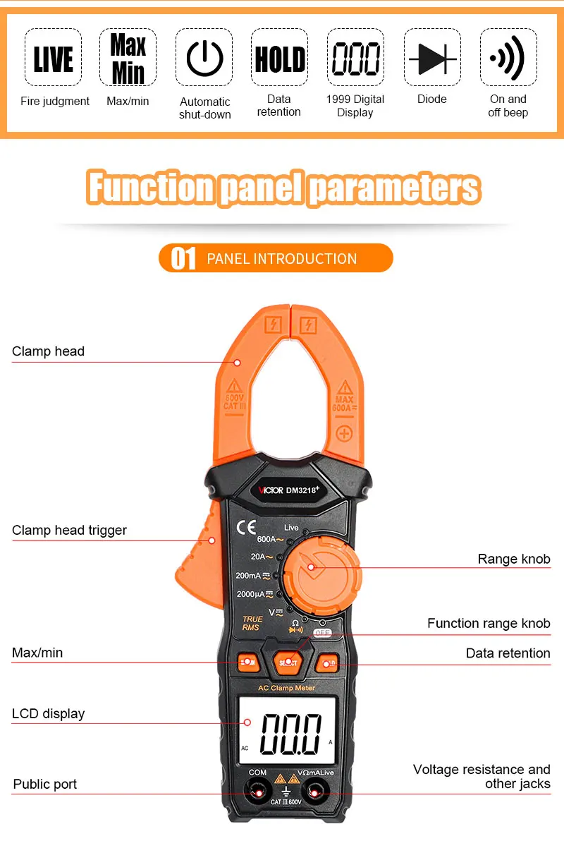 Description Picture 3 of itemVictor 3218+ Digital Clamp Multimeter Ture RMS Auto Range Diode Resistance 20MΩ Frequency AC/DC 600V 600A Live Wire Clamp Meters