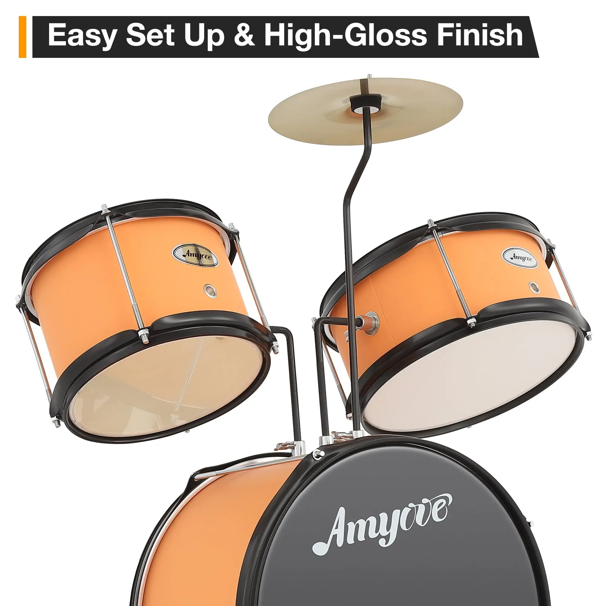 Drum Set for Children, 3 Drum Acoustic Set, Wood and Metal Design, Yellow Finish, for Early Music Learning, Home Practice