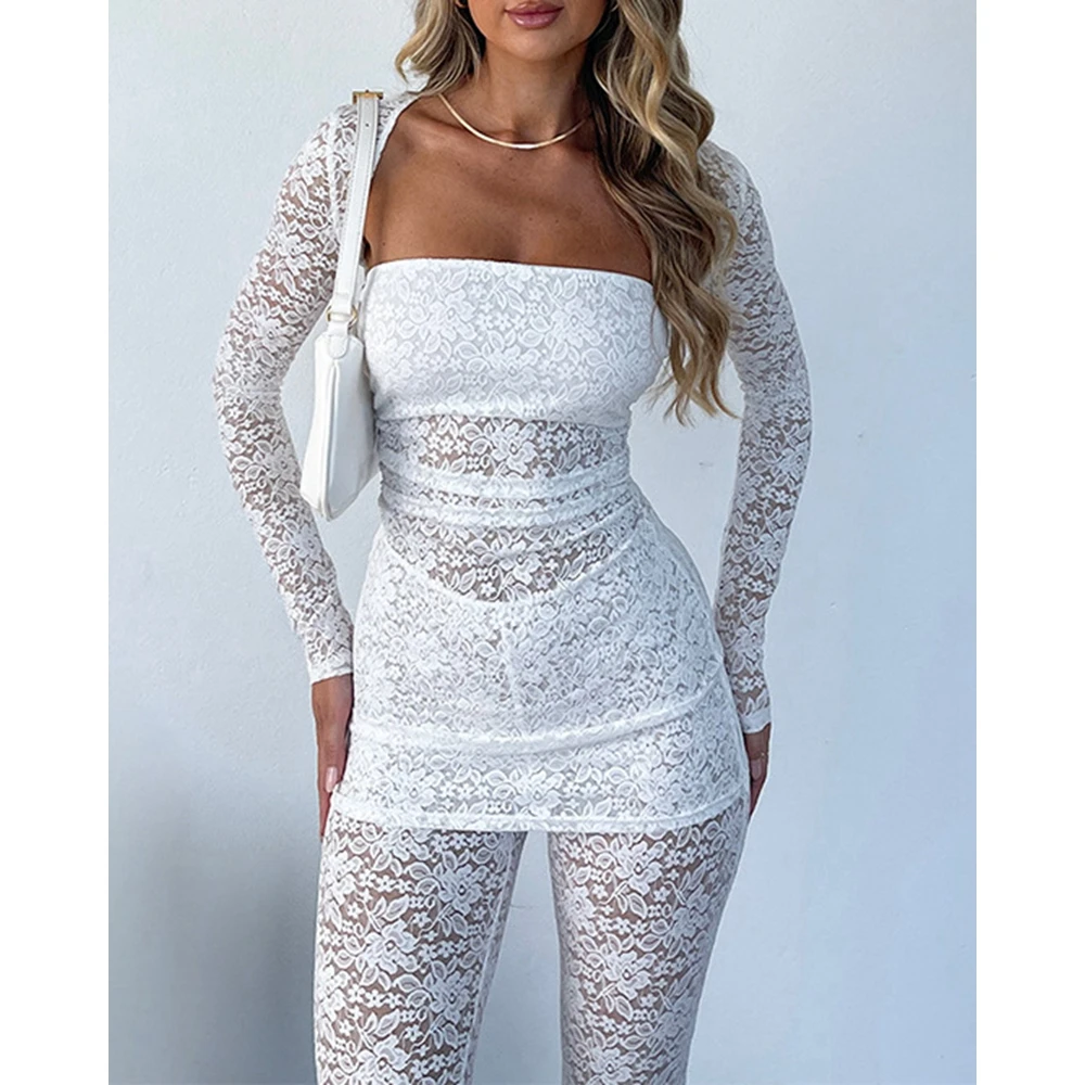 3 Pieces Sheer Mesh Lace Suit Set Women Strapless Top & Long Sleeve Coat And Pants Set Spring Casual Two Pieces Casual Suit Set