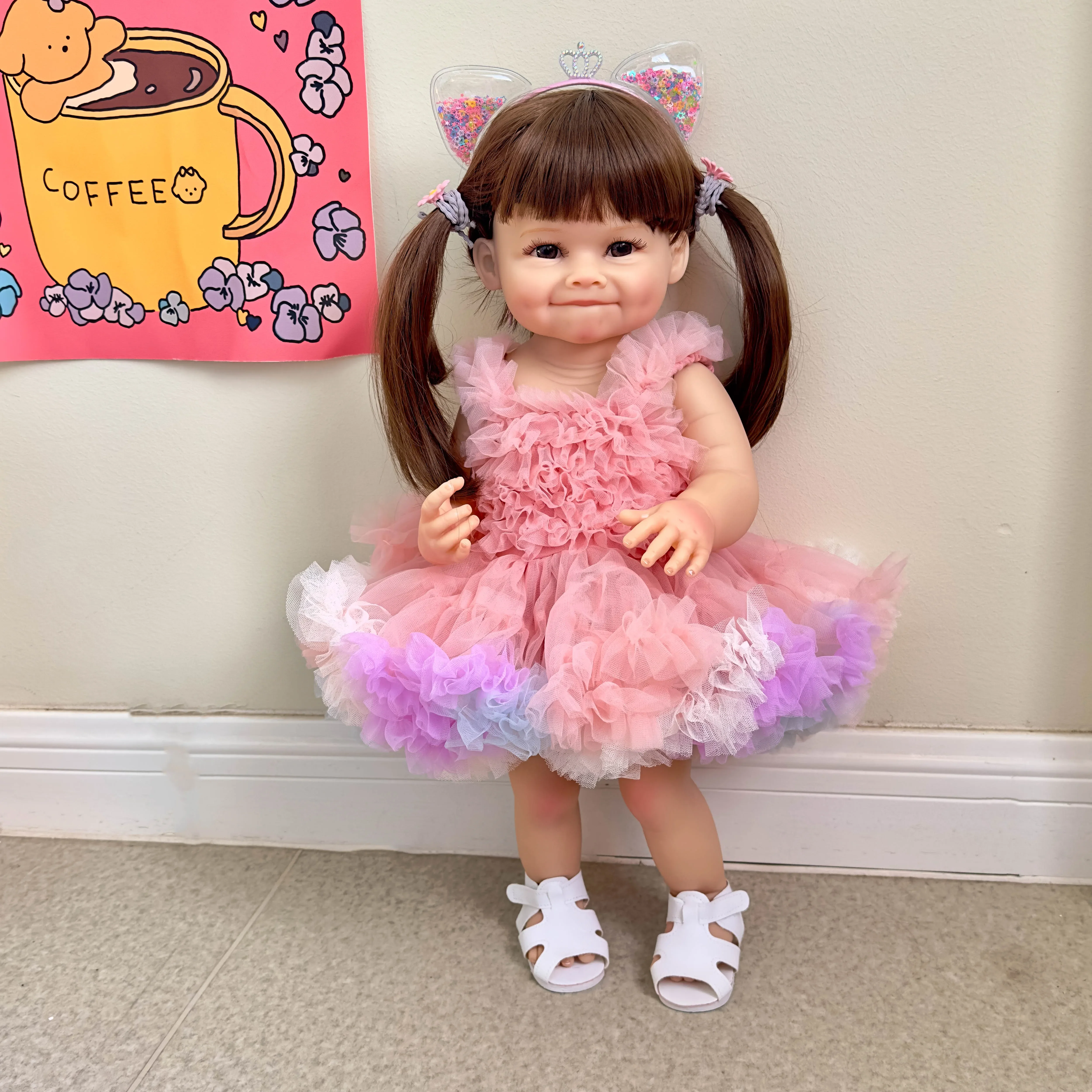 NPK 55CM Reborn Toddler Doll with Pink Dress Full Body Soft Silicone Raya Lifelike Soft Touch High Quality Doll Gifts