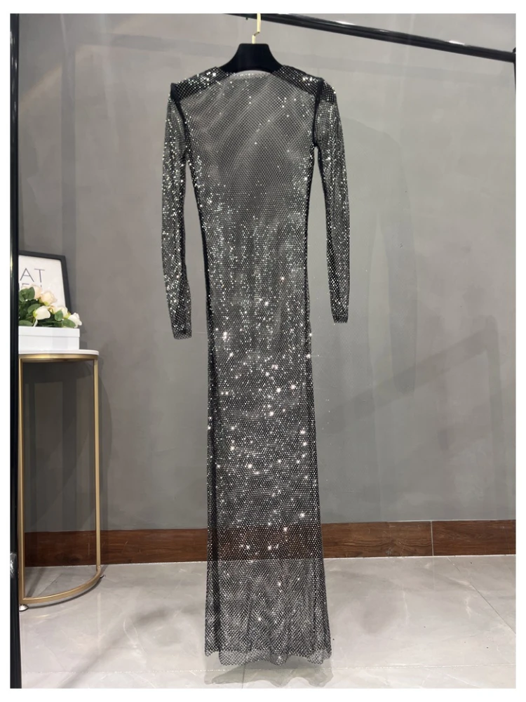 European and American Sexy Round Neck Rhinestone Dress Long Skirt Banquet  Sparkling Slit Long Sleeve Color Diamond Hollow Dress - AliExpress