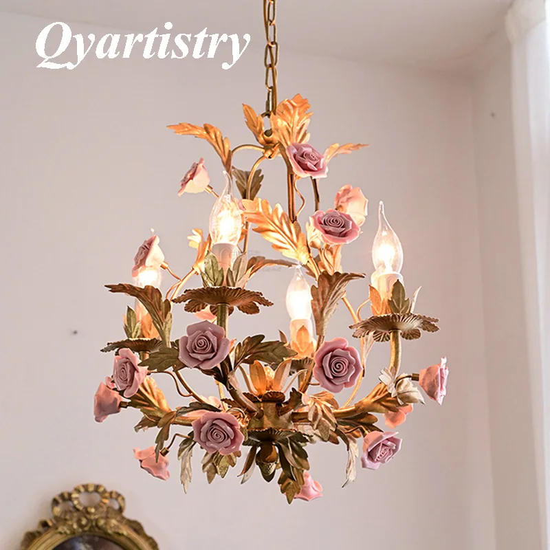 

Floral E14 Led Chandelier rose Copper ceramics Chandeliers Dining Living Room Girls Bedroom Home Lighting Lighting Fixtures