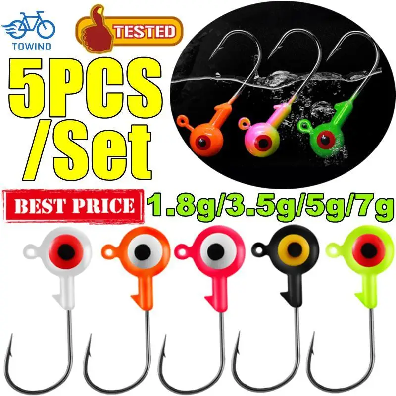 Lot 5 hameçons jig tête ronde pour leurres souples grub worm et appâts durs pêche