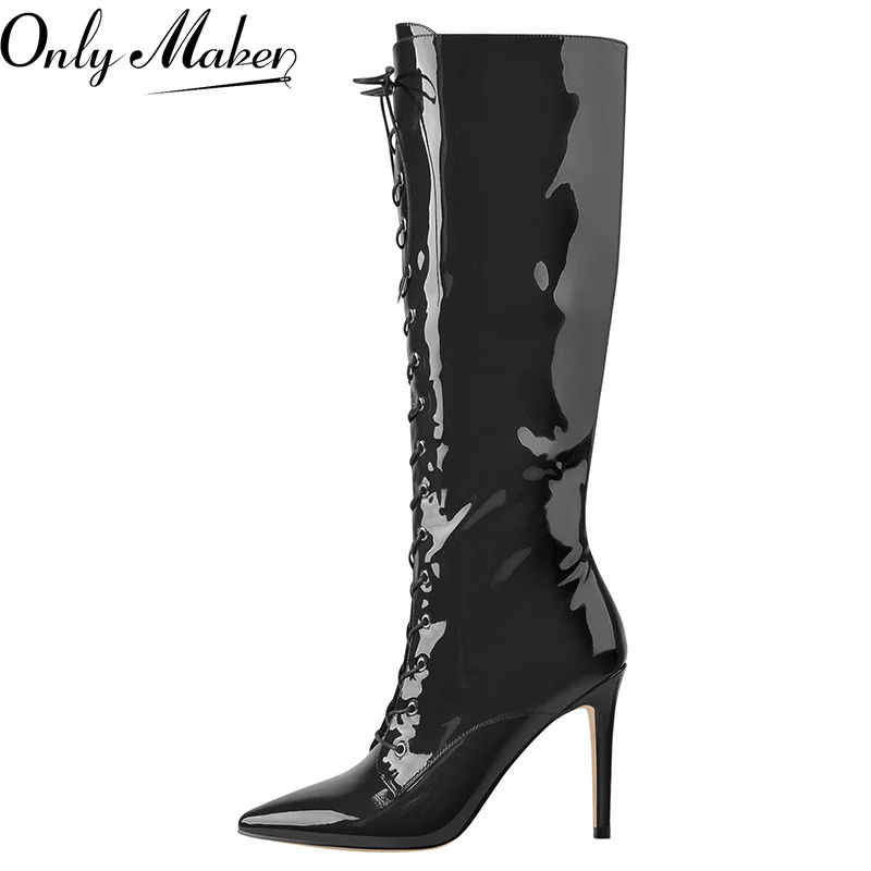 

Onlymaker Women Knee High Big Size Boots Pointed Toe Lace Up Thin High Heel Sexy Stiletto Zip Black Patent Handmade Boots