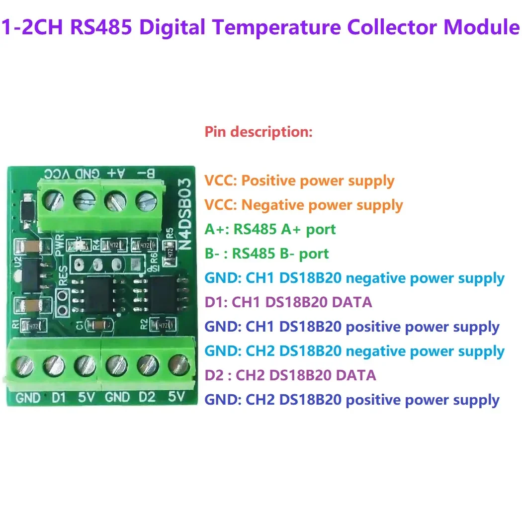 1-2CH RS485 디지털 온도 수집기 모듈 -55  +125C DS18B20 센서 DC..