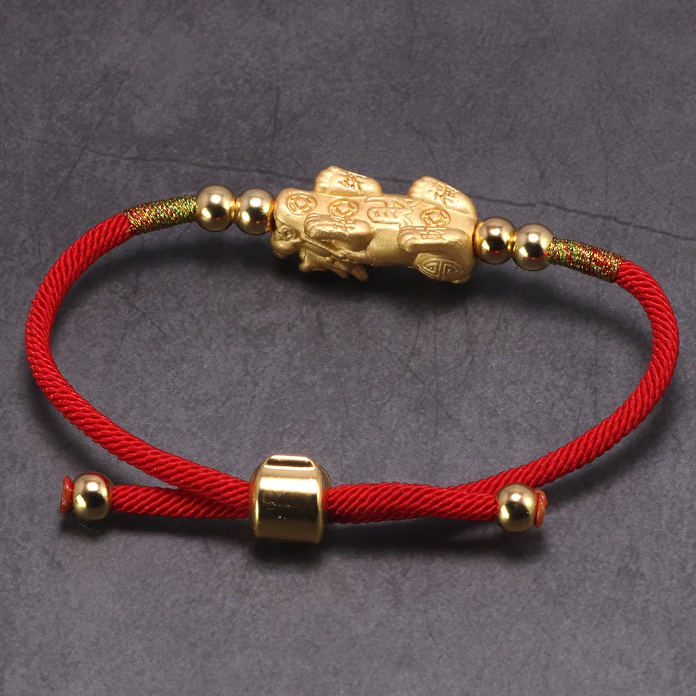 ZHOU LIU FU 24K Solid Gold Bracelet - Adjustable Red Black Braided Cord With Pixiu, Dragon & Turtle Charms - View #7