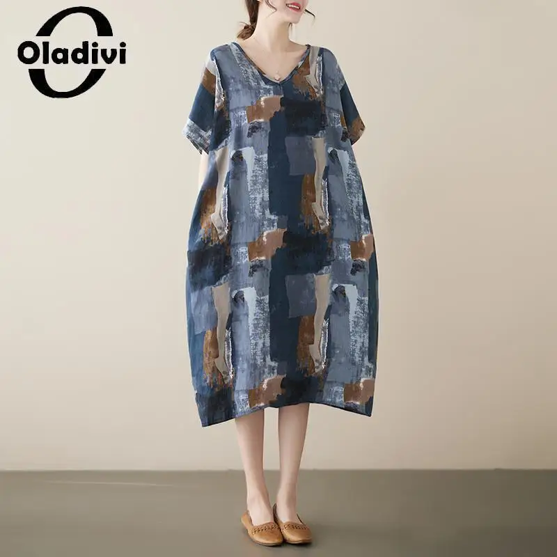 

Oladivi Fashion Print Women Cotton Linen Dress 2023 Summer New Casual Loose Oversized Dresses Female Vestidios Robe 5XL 6XL 8406
