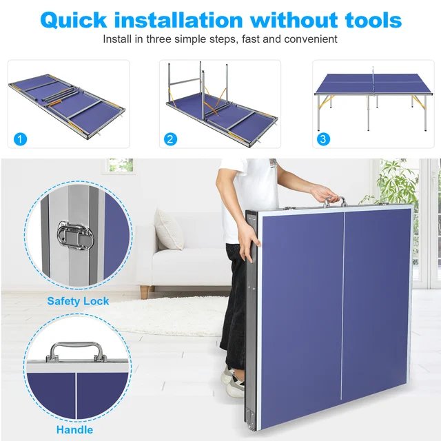 6 ft Blue Foldable Table Tennis Table Set, Portable Ping Pong Table with Net, 2 Paddles and 3 Balls