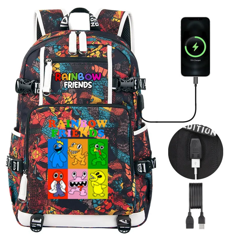 Cartoon Rainbow Friends Print school backpack high quality Boy Children Schoolbag USB Men Women teen laptop travel bag Mochila