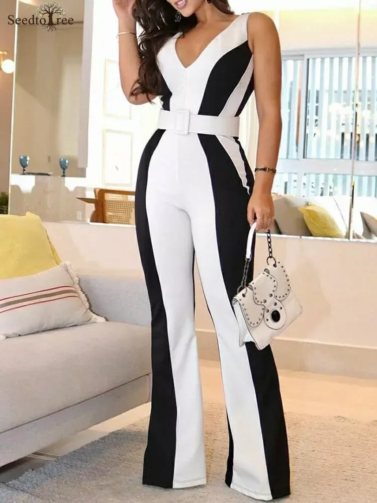 Sexy V Neck Thick Strap Colorblock Bootcut Rompers Women Jumpsuit Workwear (No Belt)