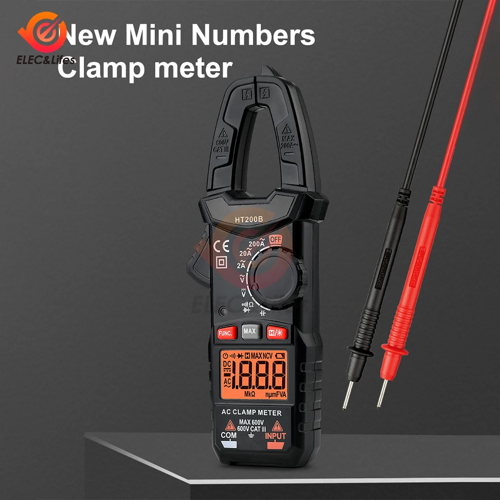 

HT200 Digital Clamp Meter AC Current Multimeter Ammeter Voltage Tester 2000 Counts Car Amp Hz Capacitance NCV Ohm Tool 200A 600V