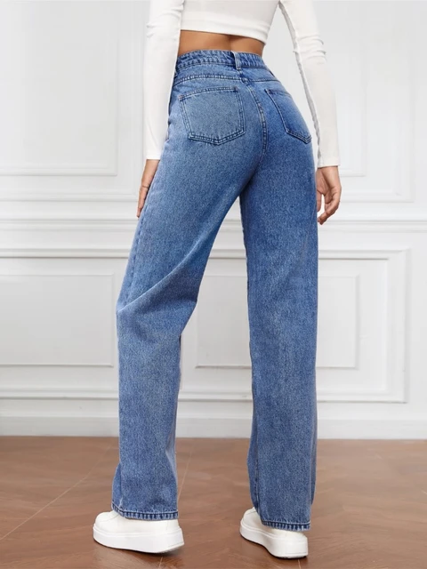 Pantalones vaqueros anchos de cintura alta para mujer, Jeans elásticos de  pierna recta, ropa Y2k, Otoño e Invierno - AliExpress