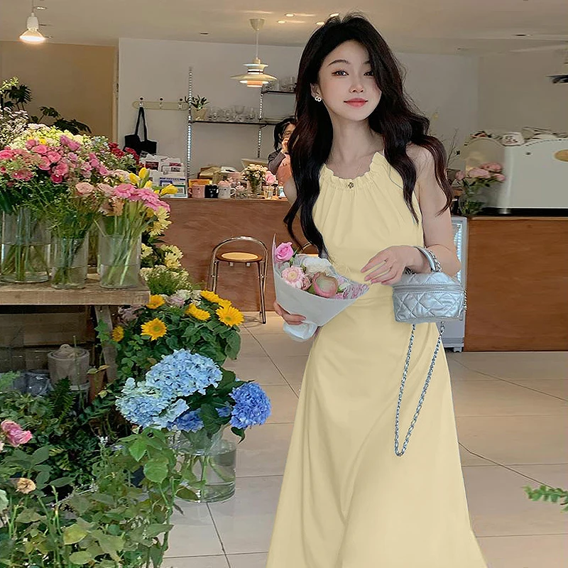 

Solid Hollow Waist Hanging Neck Women Summer Beach Holiday A-line Long Dress