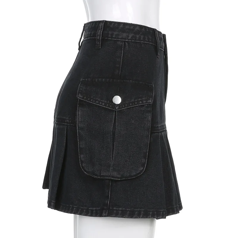 Goth Y2K High Waist Mini Jean Skirts For Women 2022 New Vintage Black Denim Pleated Skirts With Big Pockets Grunge Punk Outfits black denim skirt