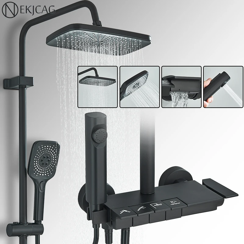 Piano Shower Set Bathroom Rainfall Shower System Wall Mount 4Function Crane Top shower/handheld showerhead/spray gun/bathtub TaP