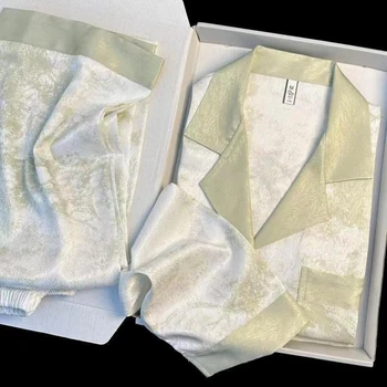 Women's Satin Pajama Set Spring New Classic Sandpainting Pajama Set Long Sleeve Button Green Pajama Lounge Pant Women Sleepwear 1